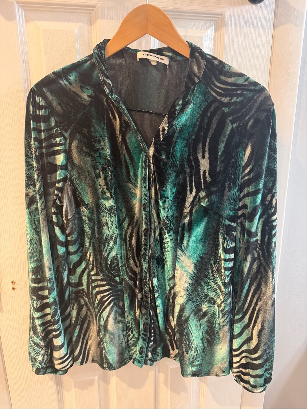 Gerard Velour Green Print Long-Sleeve with black embellished buttons, Size Large